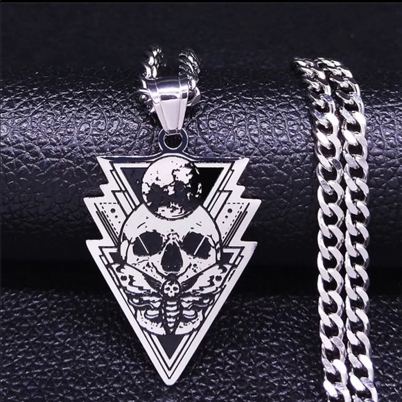 Men’s Stainless Steel Skull Moth Moon Necklace - Picture 3 of 7
